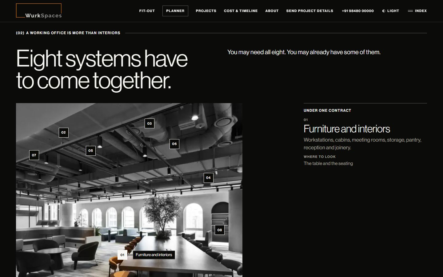 WurkSpaces page: Eight systems have to come together, with a photo of an office floor